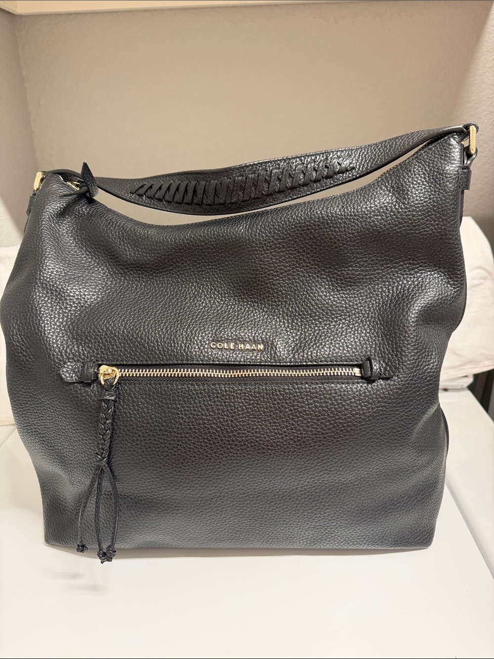 Cole Haan Black Pebbled Leather Shoulder Hobo with Gold Hardware
